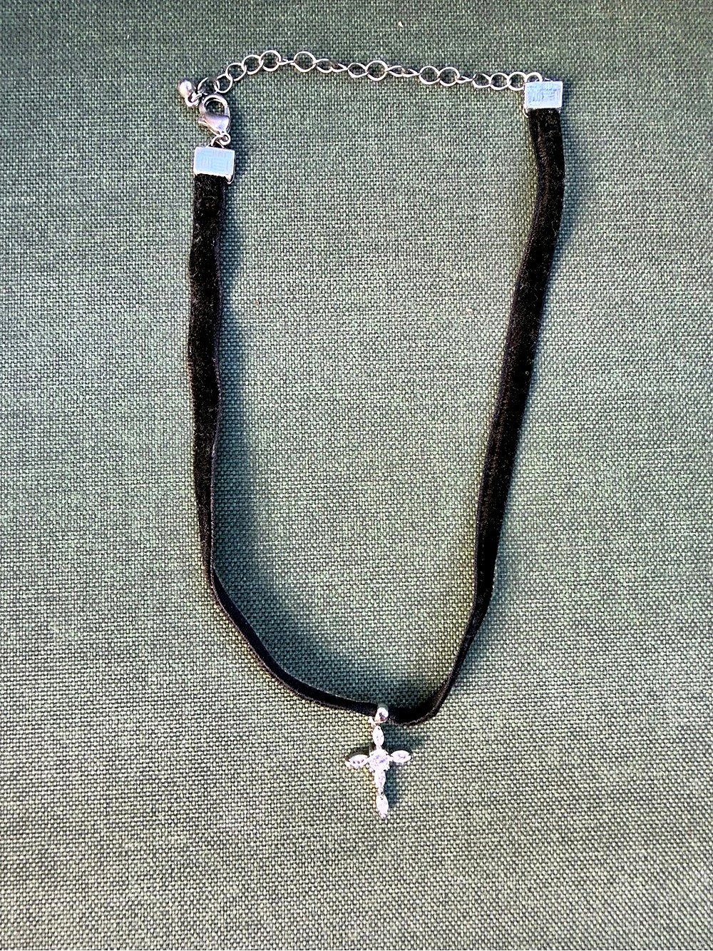 Black & Silver tone Velvet Cross Pendant Necklace
